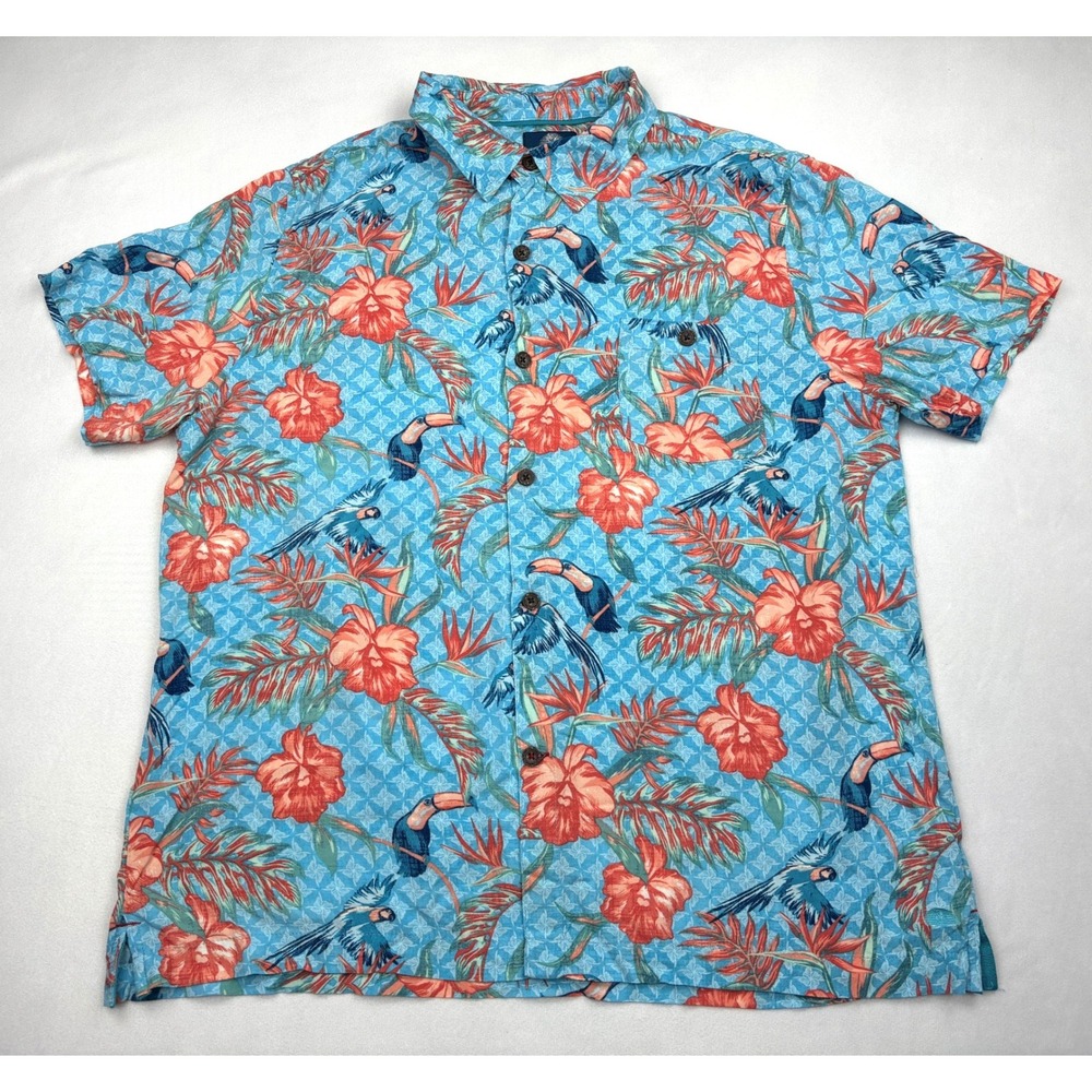 Havana Jim Mens Large Toucan Hibiscus Tropical Rayon Button Down Shirt Blue L